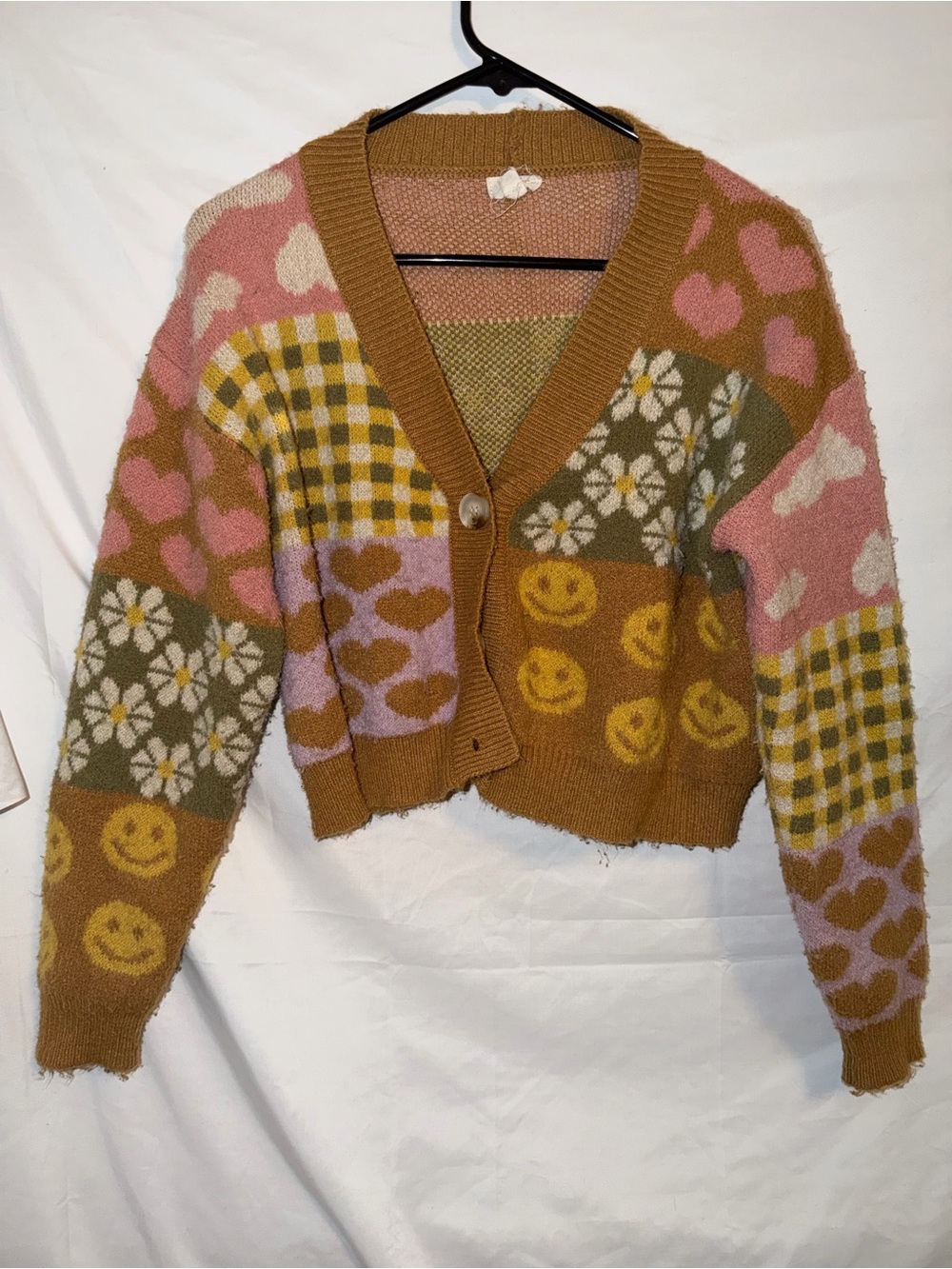 debut Patchwork Smile Daisy Heart Cardigan - Brown Pink Green Yellow